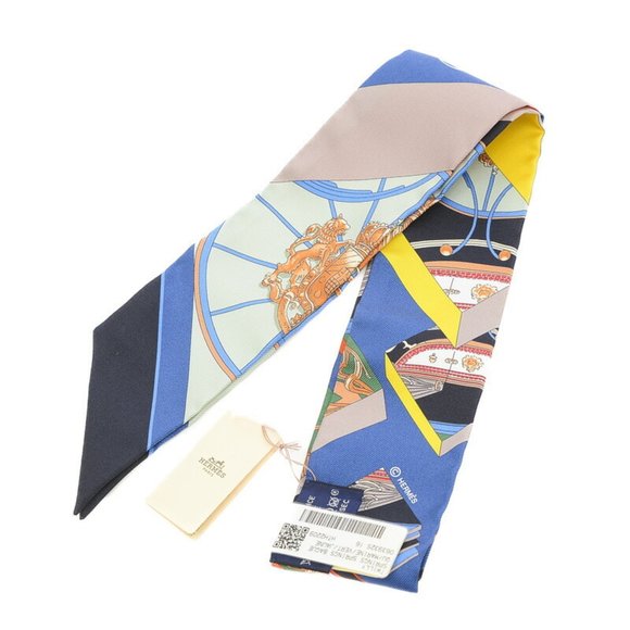 HERMES Twilly Scarf Spring Baguette Marine/Vert/Jaune 100% Silk - Picture 2 of 4